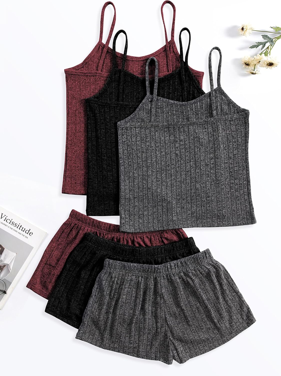 3 Sets for Women Ribbed Pajamas Set Crop Top and Shorts Button Lounge Set Sleeveless Pjs Sleepwear