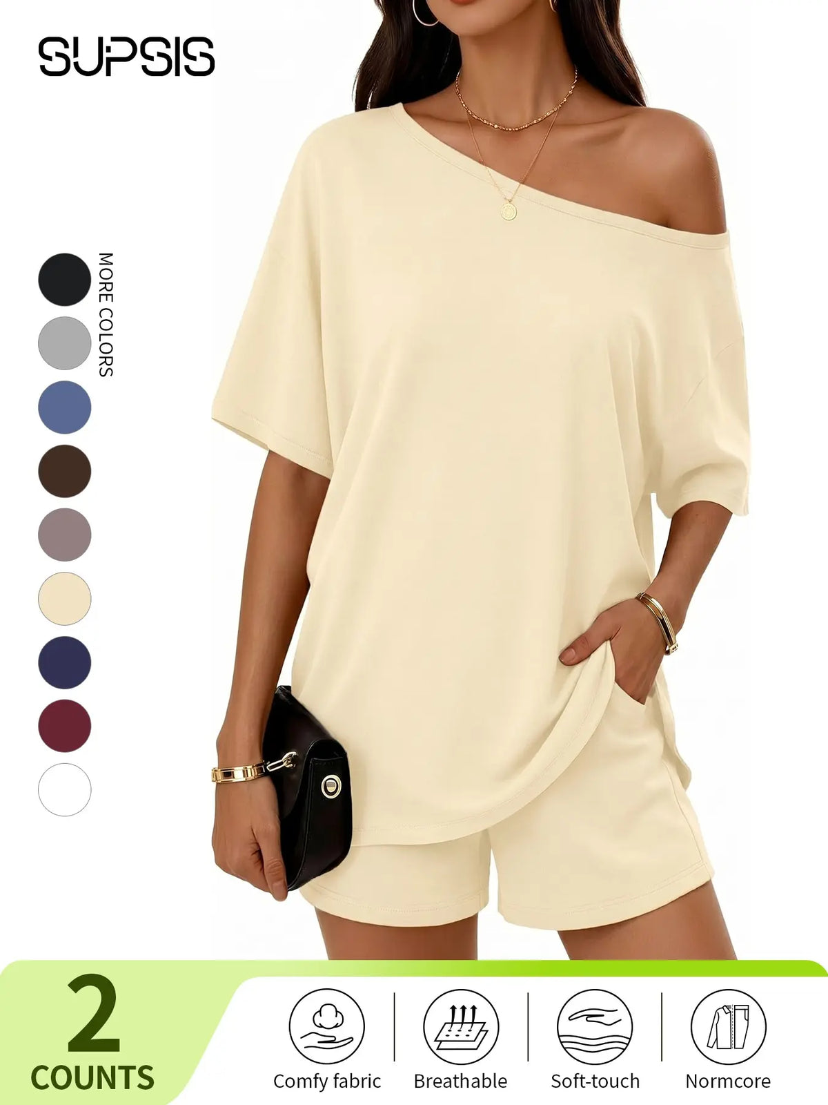 Women's Casual Two-Piece Loungewear Set, Pajama Set, Off-Shoulder Top & Loose-Fitting Elastic Shorts, Summer Nightwear Set