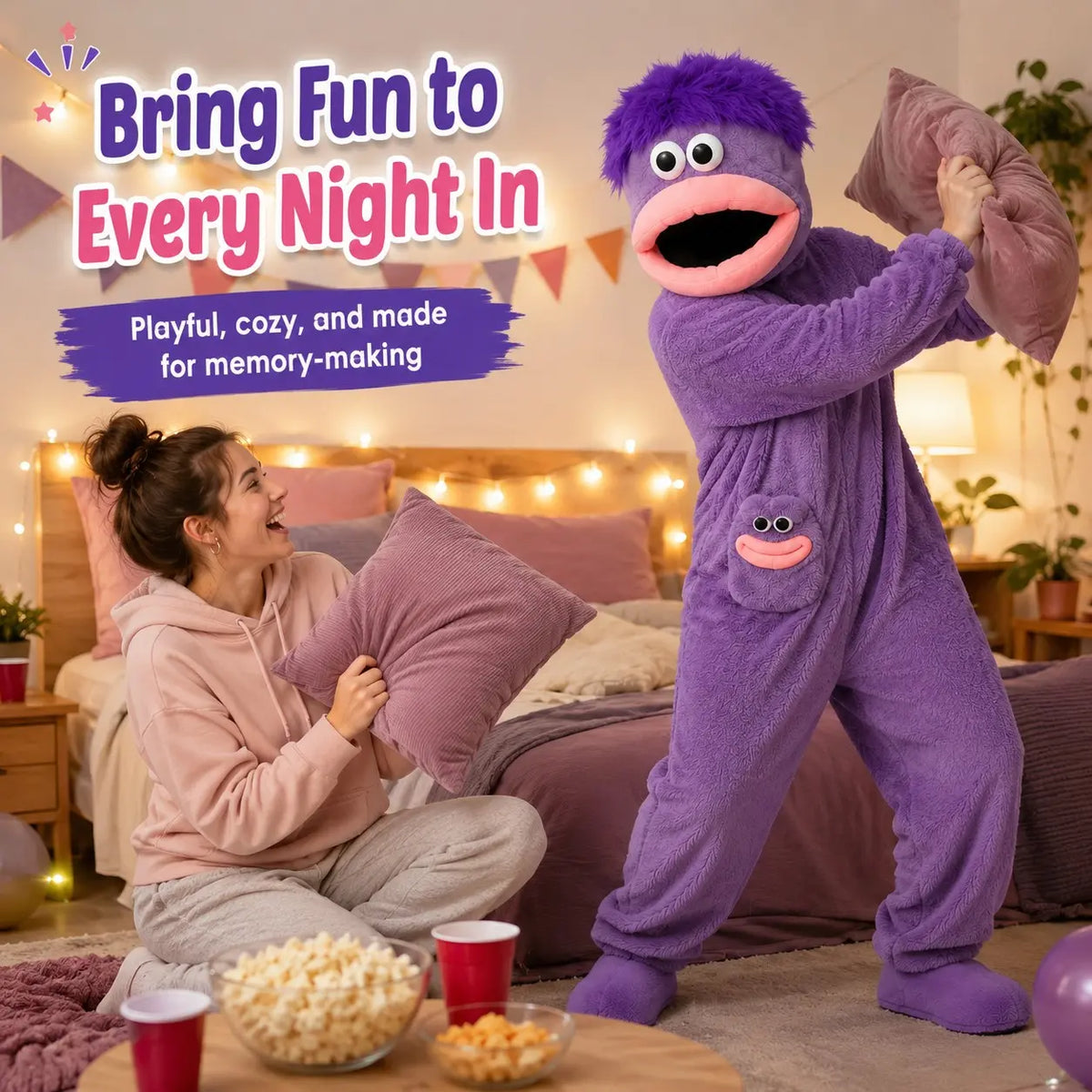 2026 Adult Polyester Plush Hooded Party Onesie, Soft Fleece Long-Sleeve Full-Body Funwear, Cute Face Pocket, Movable Puppet Mouth Monster Design, Festive Photo Apparel for Holidays & Gatherings (All-Season)
