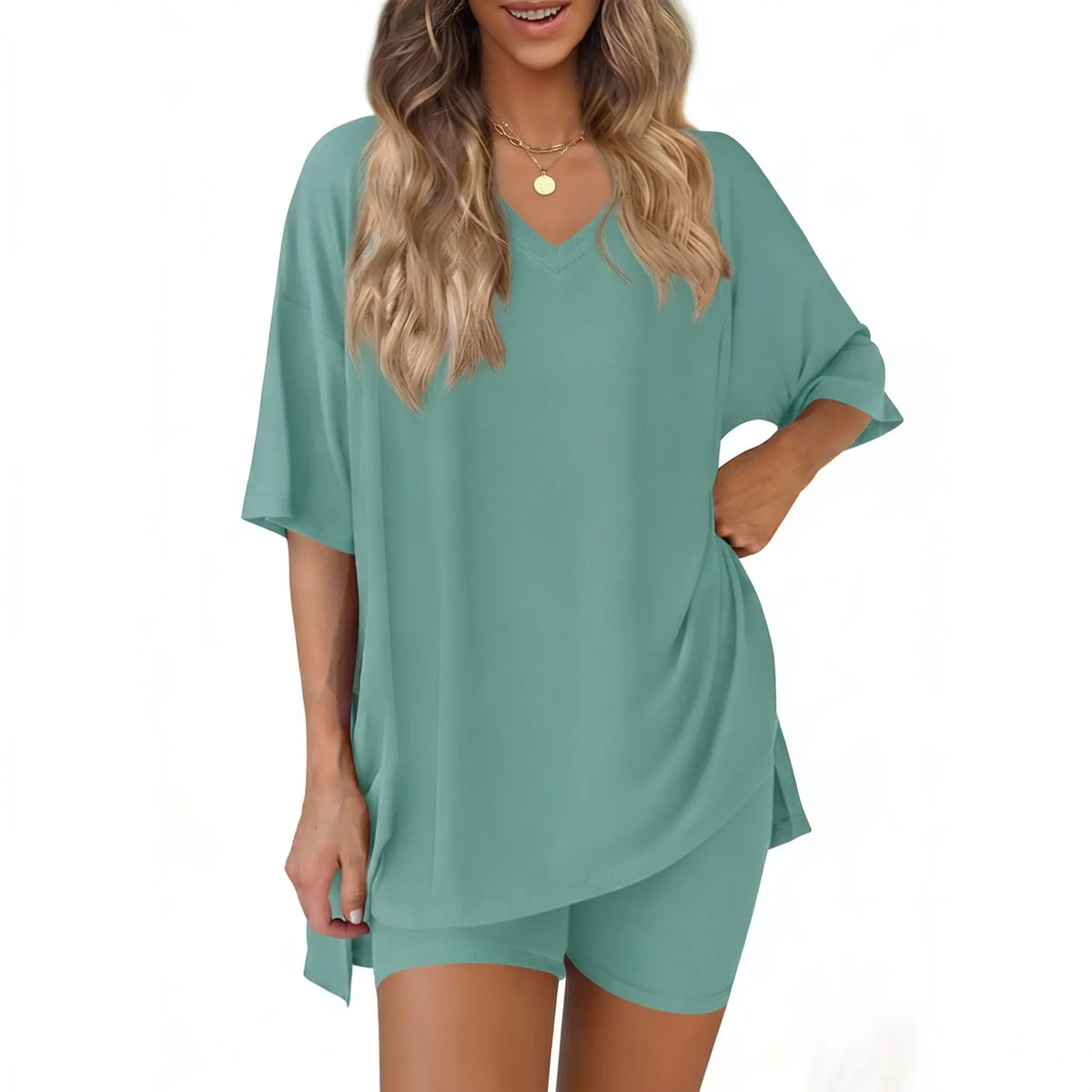 Women's 2-Piece Casual Loungewear Set: Summer Loose-fitting V-neck Short-sleeved Slit Top and High-waisted Shorts Sports Set