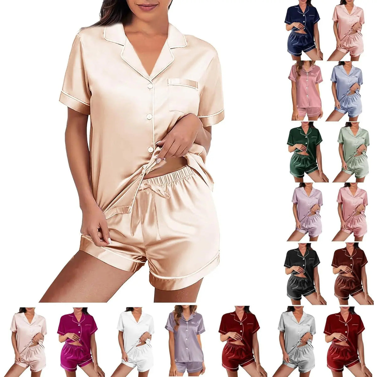 Women's Silk Satin 2-Pcs Pyjama Set, Short-Sleeve Button-Down Floral Lounge Set for Women's Sleepwear & Loungewear, 2 Pcs Set
