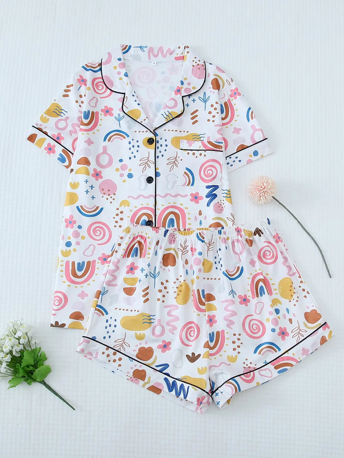 2 Counts Women's All Over Print Contrast Binding Lapel Shirt & Shorts Pyjama Set, Back To School Button Front Short Sleeve Top & Elastic Waist Shorts Pj Lounge Set For Fall, Casual Two-piece Sleepwear Loungewear Co-ord Set for Women