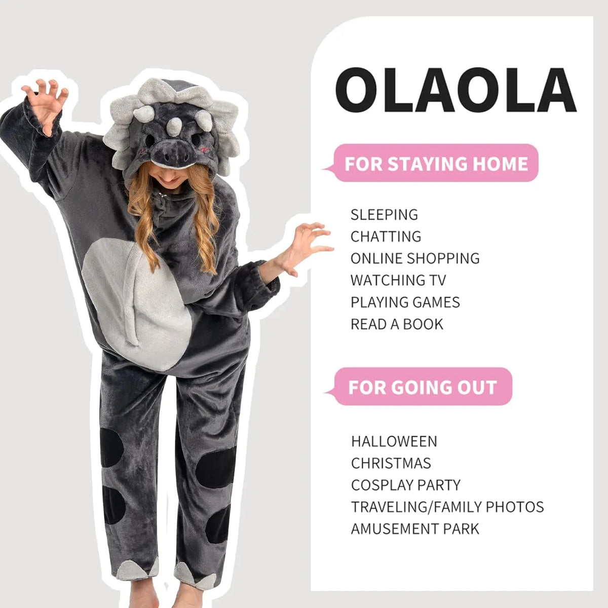 OLAOLA Unisex Adult Plush Triceratops Animals Onesie Pajamas Warm Home One-Piece Sleepwear