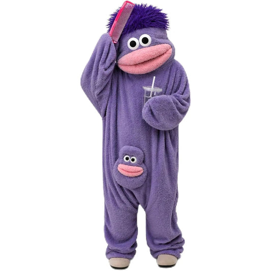 2026 Adult Polyester Plush Hooded Party Onesie, Soft Fleece Long-Sleeve Full-Body Funwear, Cute Face Pocket, Movable Puppet Mouth Monster Design, Festive Photo Apparel for Holidays & Gatherings (All-Season)