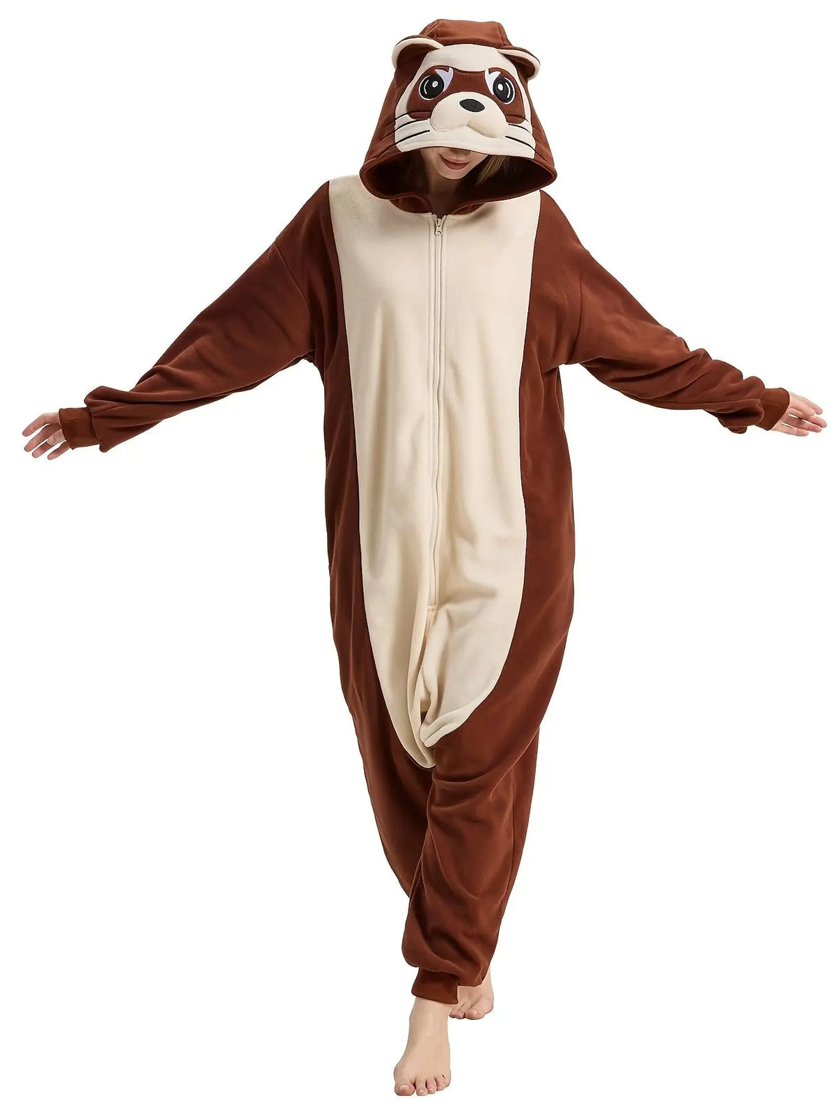 Women's Plus Size Ferret Animal Onesie - Cozy Plain Polyester Long-Sleeve 1-Piece Cosplay Sleeping Jumpsuit, Machine Washable All-Season Sleepwear, 2XL Loose-Fitting Statement Loungewear