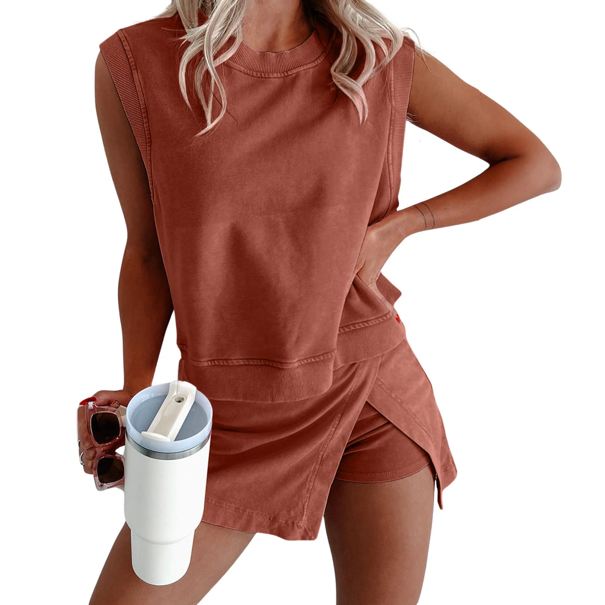 SCUSTY Women's 2 Piece Set Mineral Washed Cotton Loungewear Set Summer Summervibes Tank Top Lined Split Athletic Skirt Suits