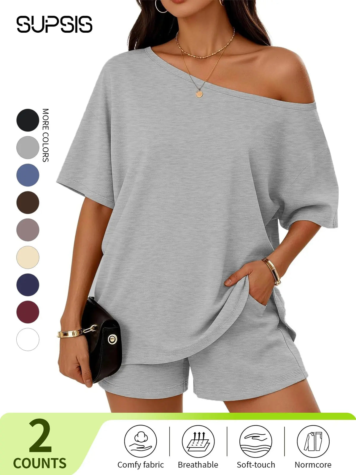 Women's Casual Two-Piece Loungewear Set, Pajama Set, Off-Shoulder Top & Loose-Fitting Elastic Shorts, Summer Nightwear Set