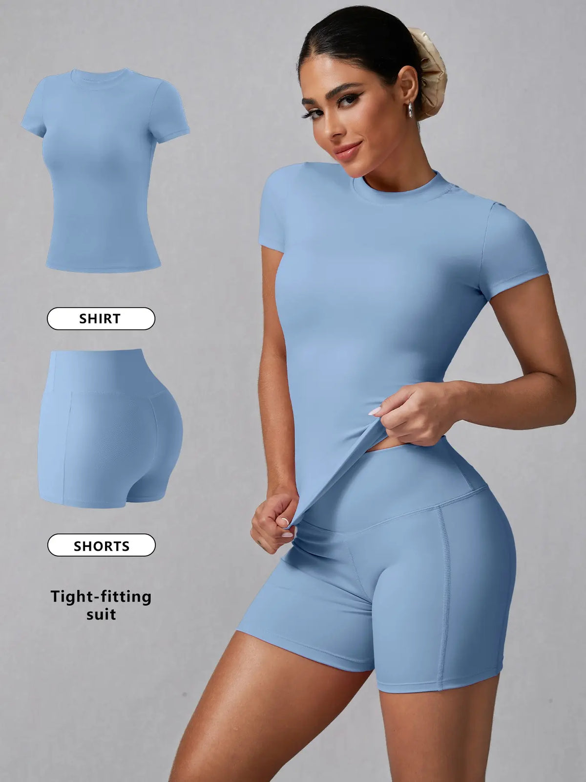 Women's Basic Solid Tee & High Waist Shorts Loungewear, Casual Comfy Round Neck Short Sleeve T-Shirt & Skinny Shorts PJ Set, Ladies Sleepwear for Summer, Pajama, Casual Fitted Sleepwear, Pajama Sets