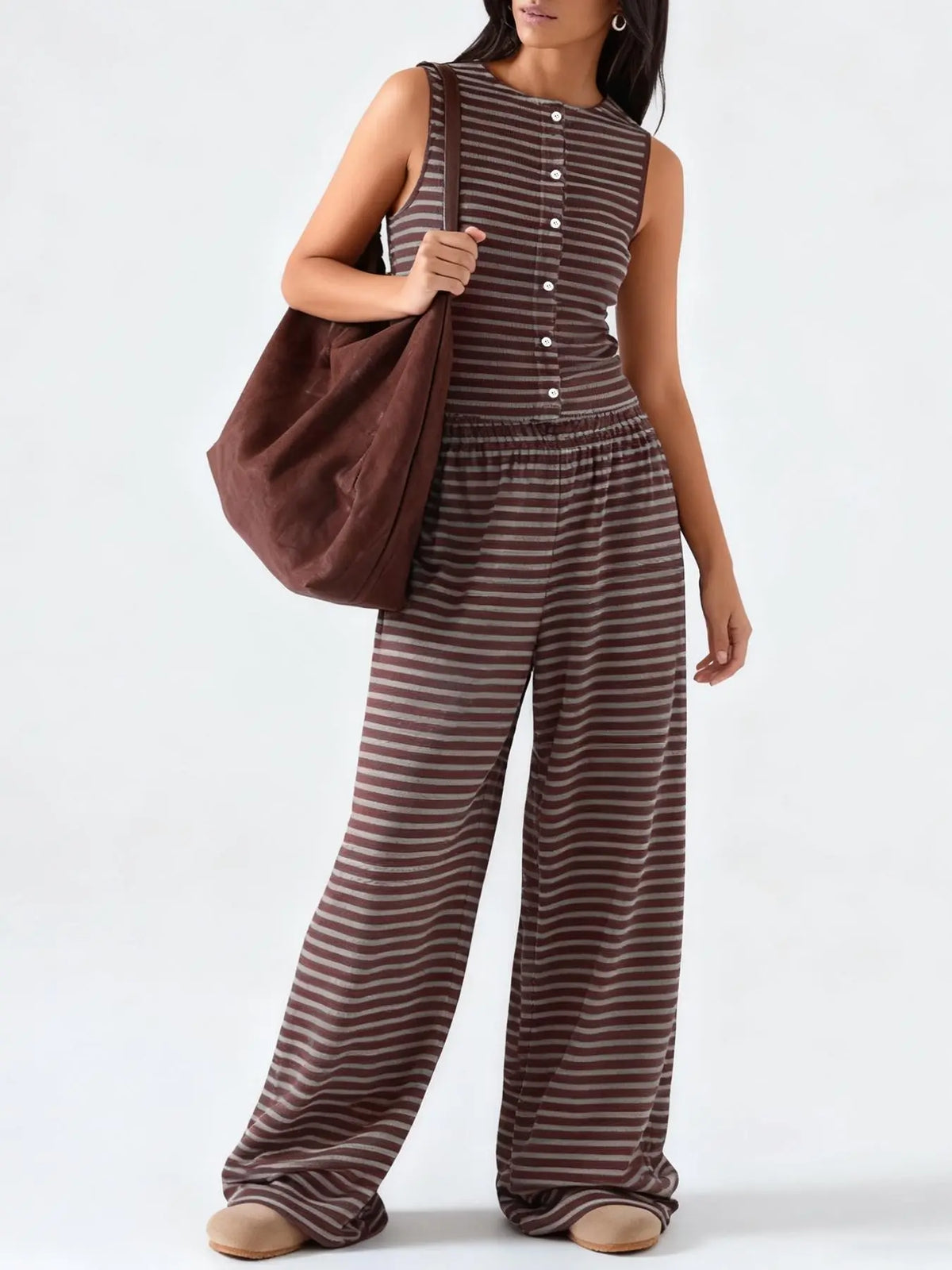 Women's Striped Wide-Leg Sleeveless Fitted Top Pants Set, Casual All Season Loungewear Set, Casual Loose-Fitting Design, Perfect for Daily Wear & Street Style, Comfortable All-Day Use Womenswear