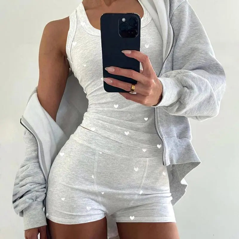 CHICME Women's 2 Pieces Pajamas Set Heart Pattern U Neck Tank Waist Shorts Set Fit Breathable