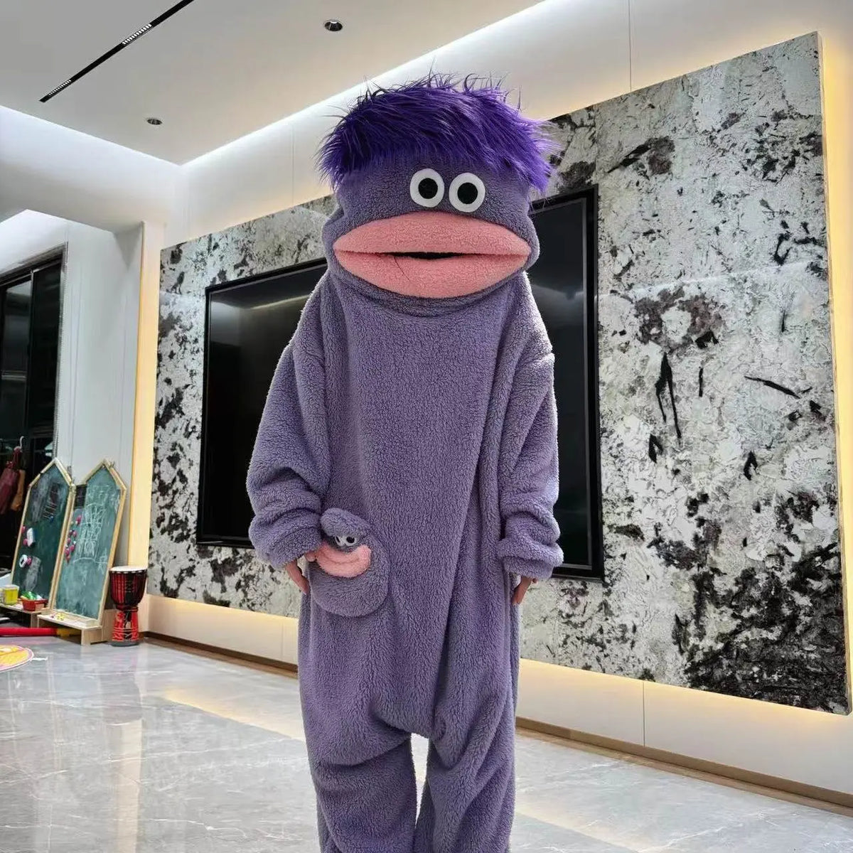 Adults Big Mouth Monster Onesie Pajamas, Oversized Hooded Plush Fleece Character Jumpsuit, Cozy One-Piece Loungewear for Sleepovers and Seasonal Gatherings, Matching Foot Covers and Comb Set