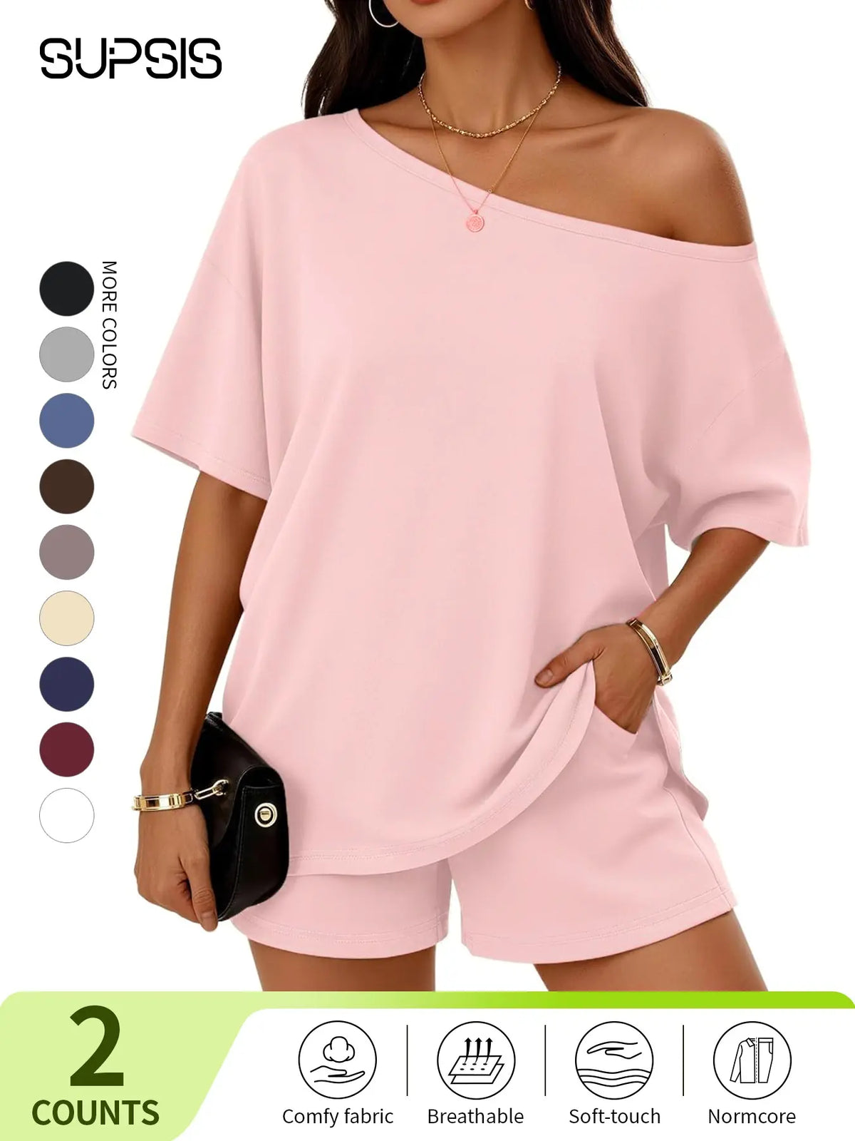 Women's Casual Two-Piece Loungewear Set, Pajama Set, Off-Shoulder Top & Loose-Fitting Elastic Shorts, Summer Nightwear Set