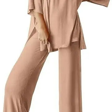 PHEFEE 2 Piece Outfits for Women Loungewear Sets Oversized Short Sleeve Top Wide Leg Pants Casual Matching Sets Soft Milk Silk,sohochic