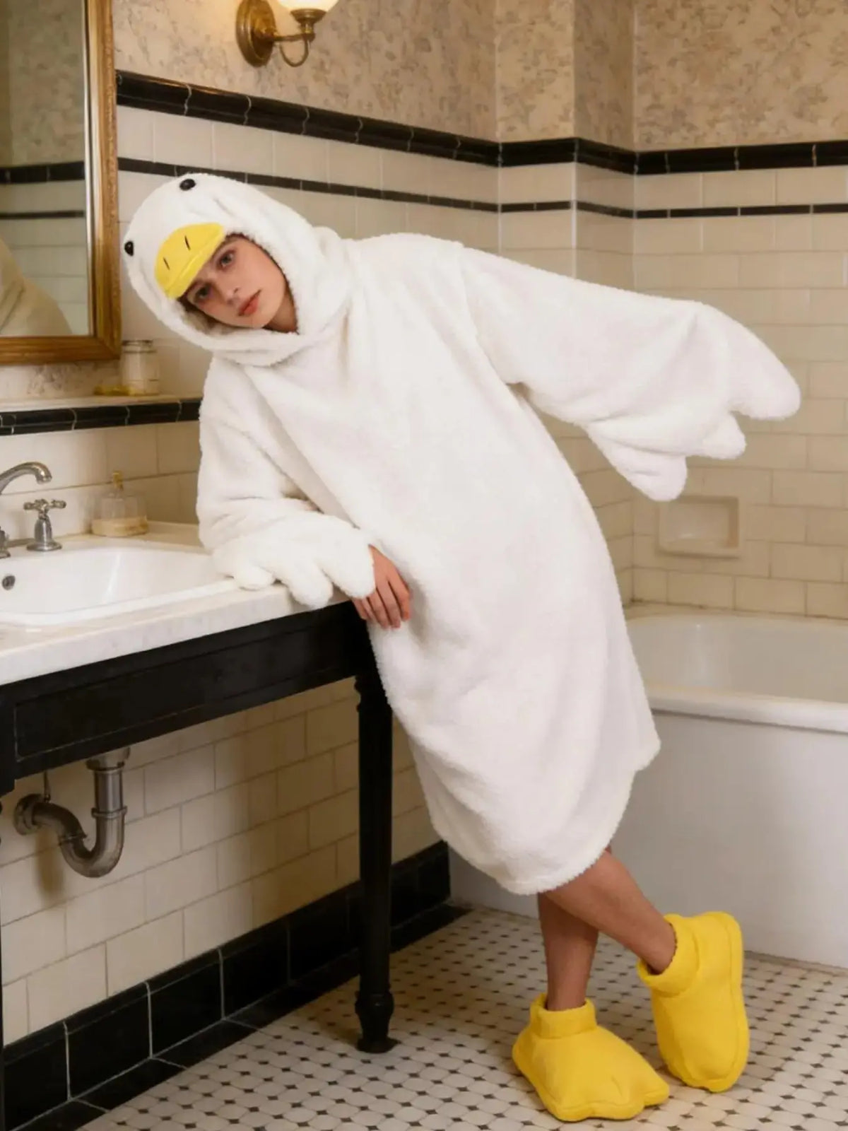 Funny Duck Theme Onesie Set, Fleece Lined Thickened, Includes Robe and Duck Foot Covers, Soft Cute Lazy Loose Pajamas, Party, Loungewear, Nightwear