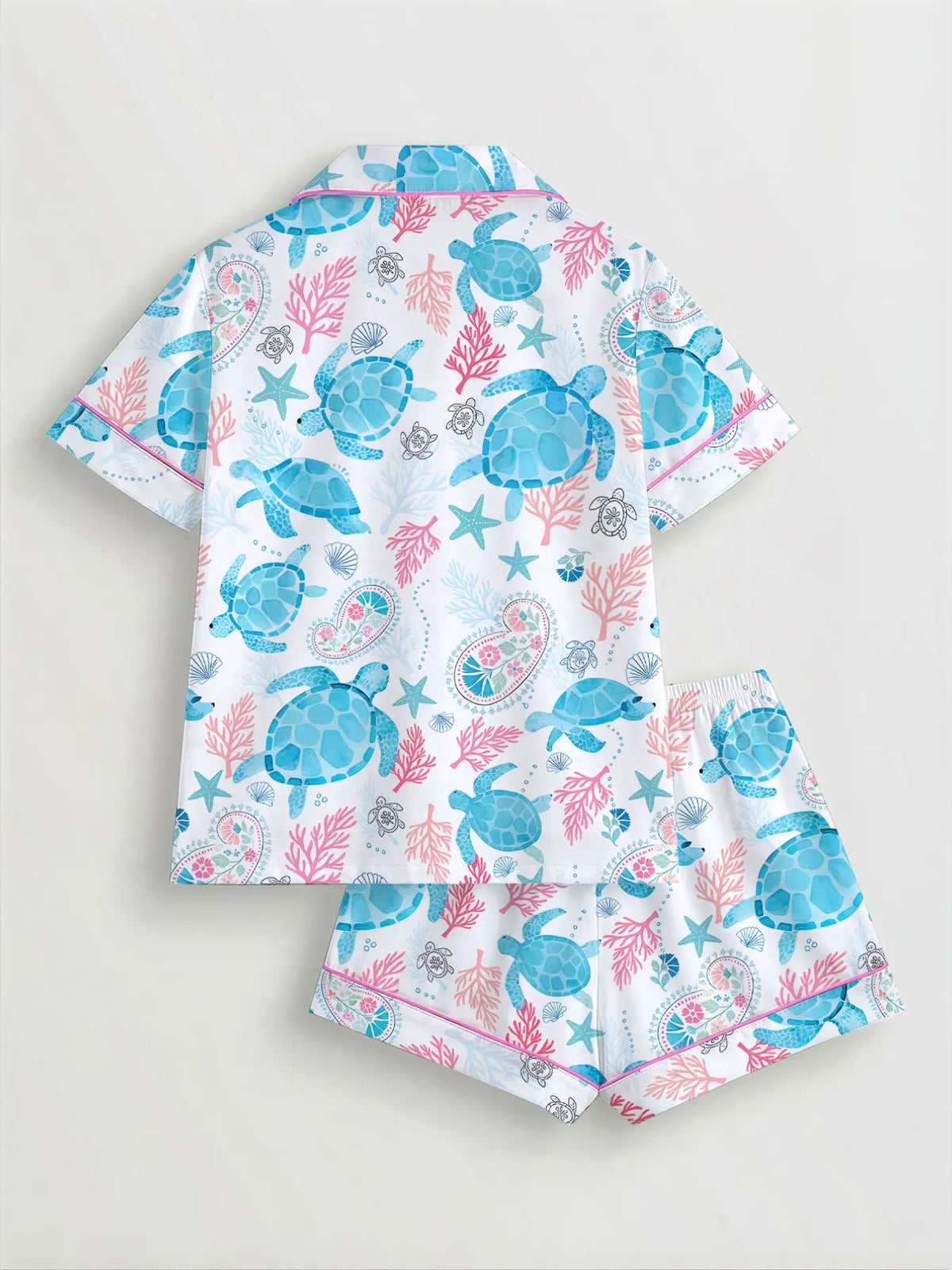 Women's Turtle Print Sleepwear Set, Short Sleeve Button-Up Top & Elastic Shorts, Casual All Seasons Pajamas, Comfortable Home Wear, Loungewear, Homewear, Lady, Breathable Summer Sleepwear, Casual Nightwear, Lounge Pjs Set, Sleepwear Outfits