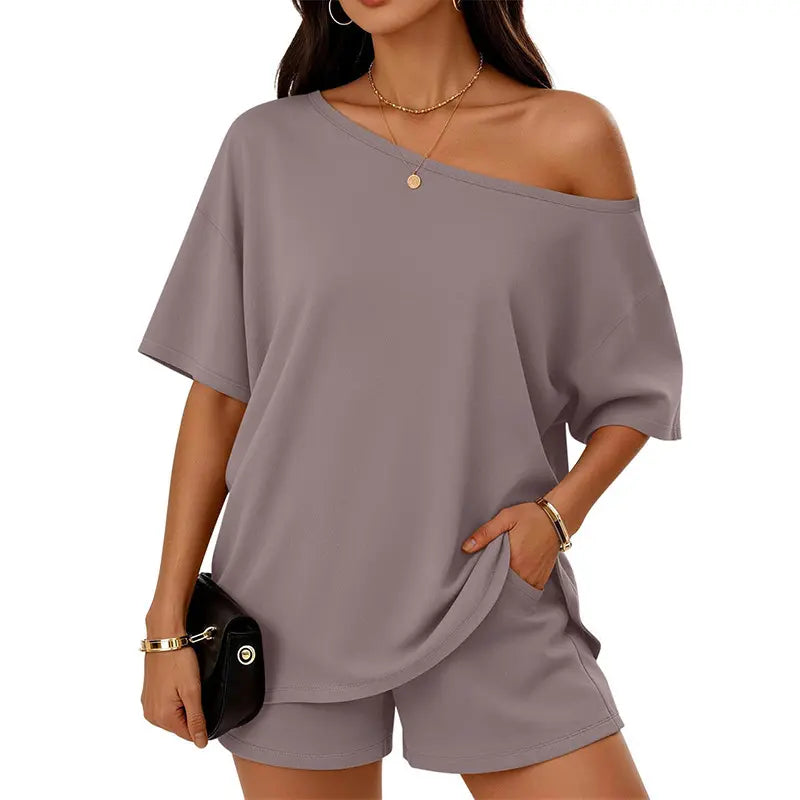 Yodutry Women's 2 Piece Set - Off-Shoulder Top & Slim-Fit Shorts, Lounge Set for Women for Spring-Summer Yoga & Pilates Casual Clothes