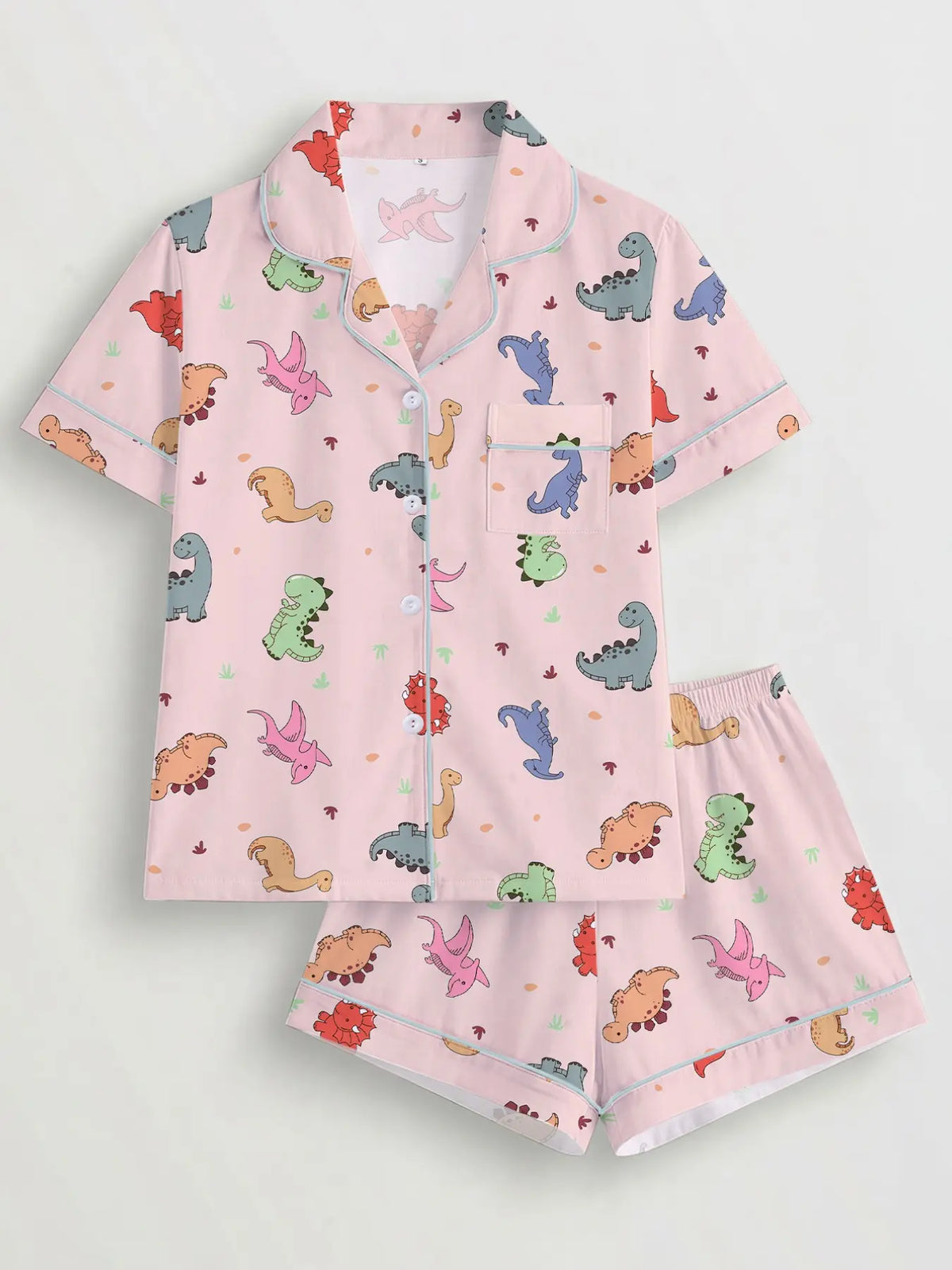 Women's Dinosaur Print Pajama Set, Cartoon Print Pajama, Comfortable Fitted Shirt & Elastic Shorts, Casual Summer Sleepwear, Loungewear for Pajama Party & Home