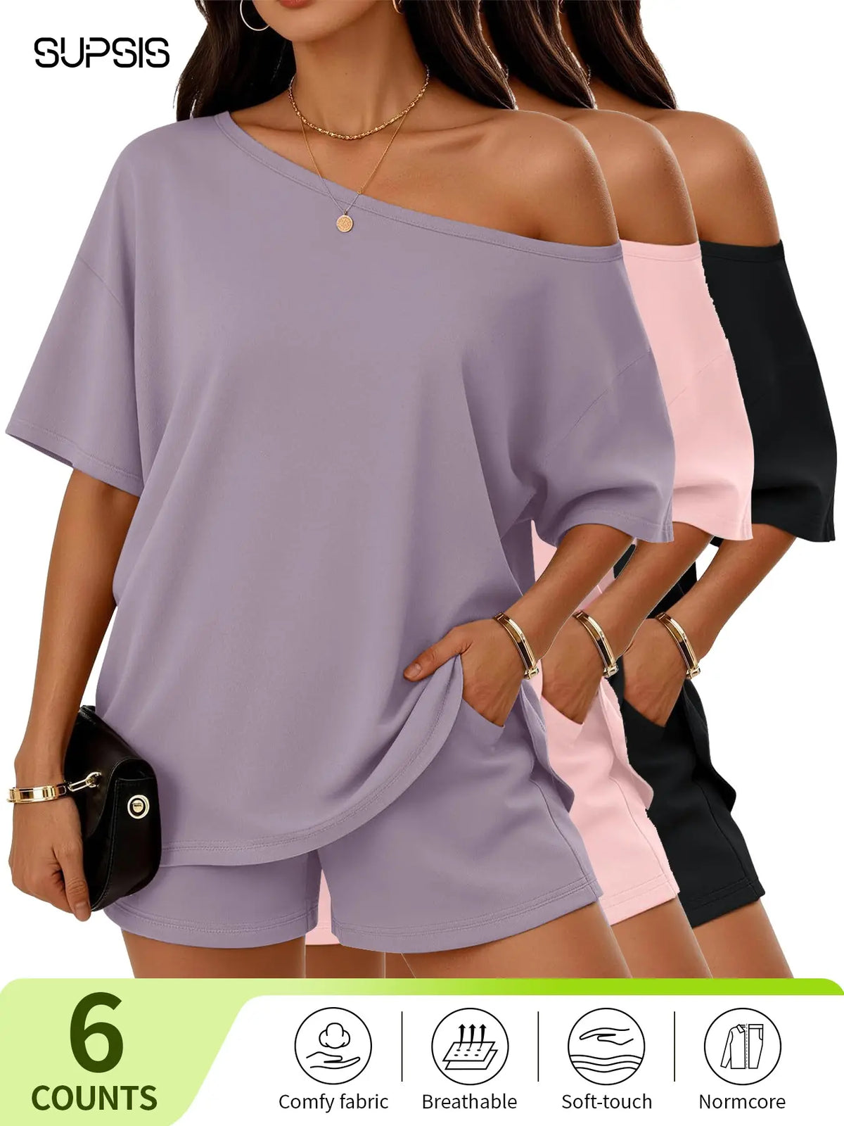 Women's Casual Two-Piece Loungewear Set, Pajama Set, Off-Shoulder Top & Loose-Fitting Elastic Shorts, Summer Nightwear Set