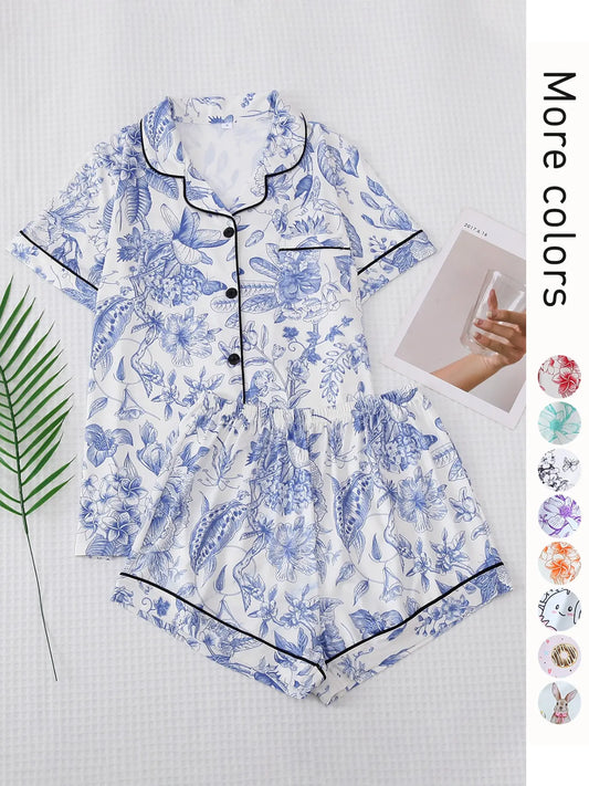2 Counts Women's All Over Print Contrast Binding Lapel Shirt & Shorts Pyjama Set, Back To School Button Front Short Sleeve Top & Elastic Waist Shorts Pj Lounge Set For Fall, Casual Two-piece Sleepwear Loungewear Co-ord Set for Women