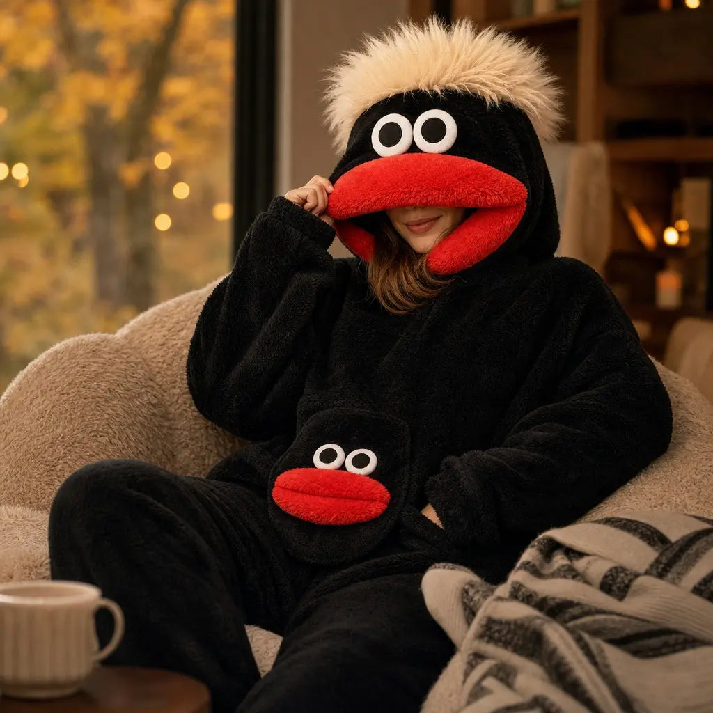 Black Big Mouth Character Onesie for Adults, One-Piece Pajama Costume with Cream Shaggy Hair, Bright Red Fabric Lips, Rounded Sleeve Ends and Matching Face Pocket for Halloween, Sleepovers and Funny Photos