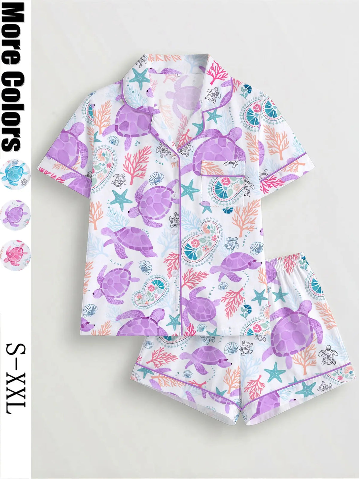 Women's Turtle Print Sleepwear Set, Short Sleeve Button-Up Top & Elastic Shorts, Casual All Seasons Pajamas, Comfortable Home Wear, Loungewear, Homewear, Lady, Breathable Summer Sleepwear, Casual Nightwear, Lounge Pjs Set, Sleepwear Outfits