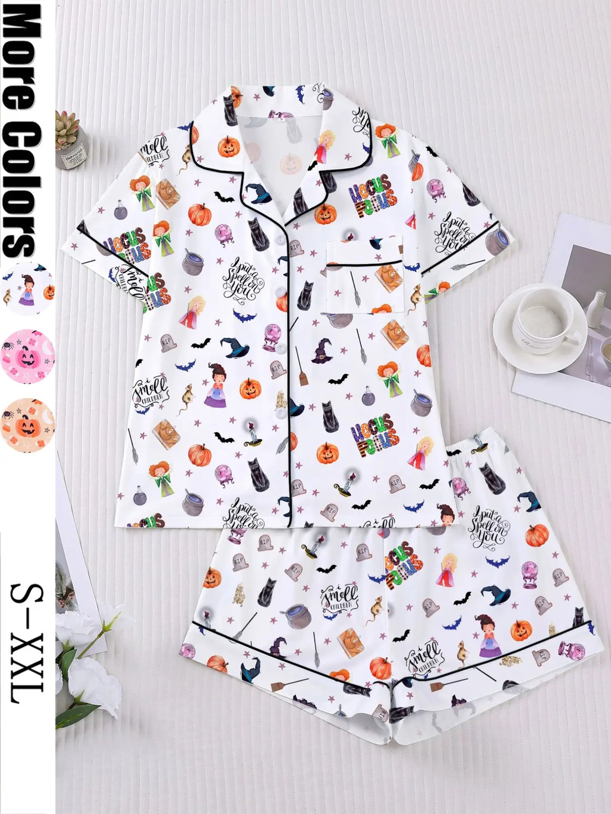 Halloween Cartoon Ghost Pumpkin Pajama Set for Women, Short Sleeve Button Front Top and Elastic Shorts, Comfortable Everyday Home Wear Loungewear