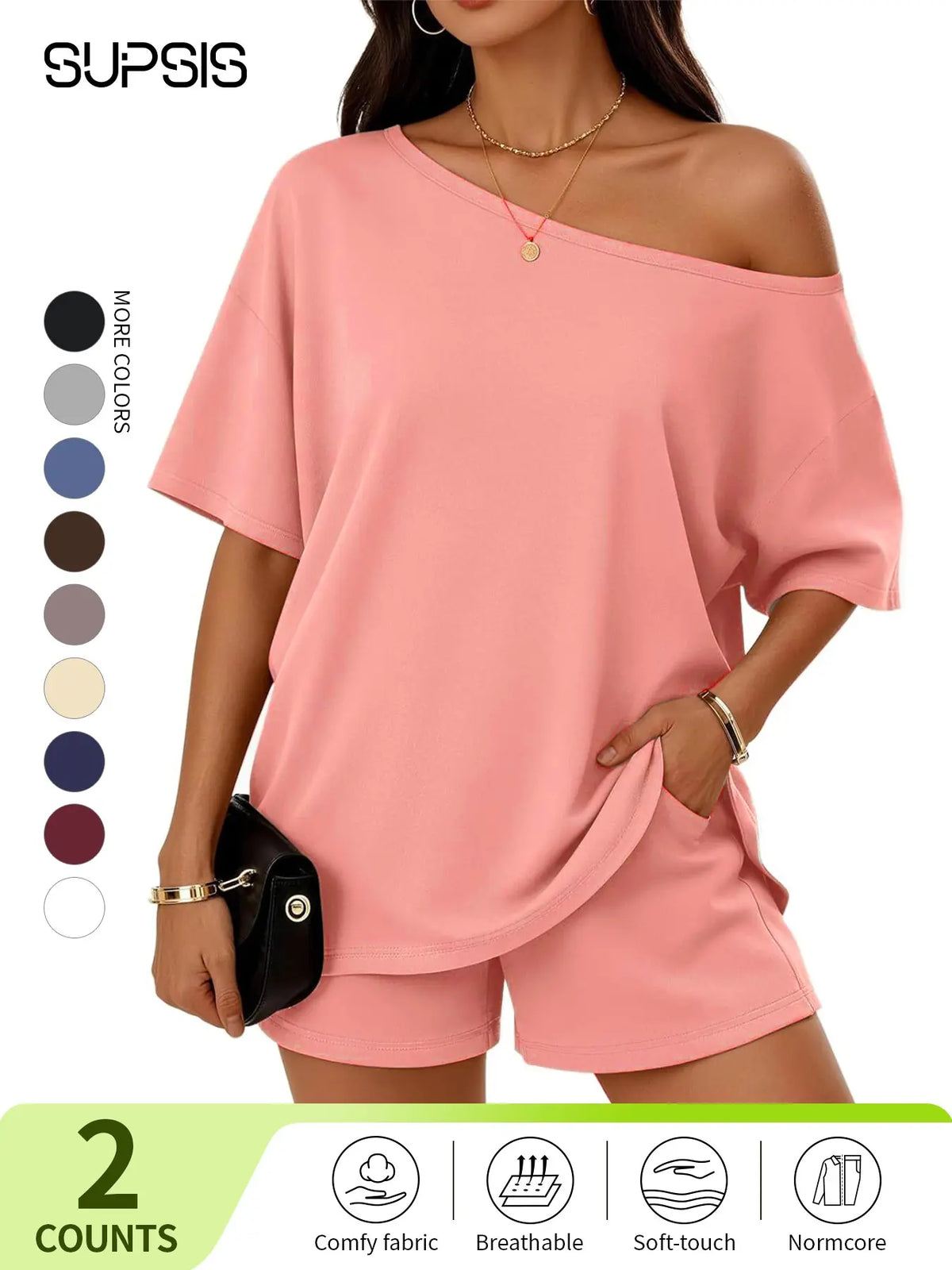 Women's Casual Two-Piece Loungewear Set, Pajama Set, Off-Shoulder Top & Loose-Fitting Elastic Shorts, Summer Nightwear Set