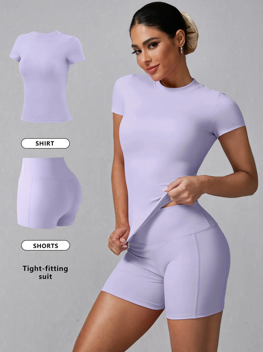 Women's Basic Solid Tee & High Waist Shorts Loungewear, Casual Comfy Round Neck Short Sleeve T-Shirt & Skinny Shorts PJ Set, Ladies Sleepwear for Summer, Pajama, Casual Fitted Sleepwear, Pajama Sets
