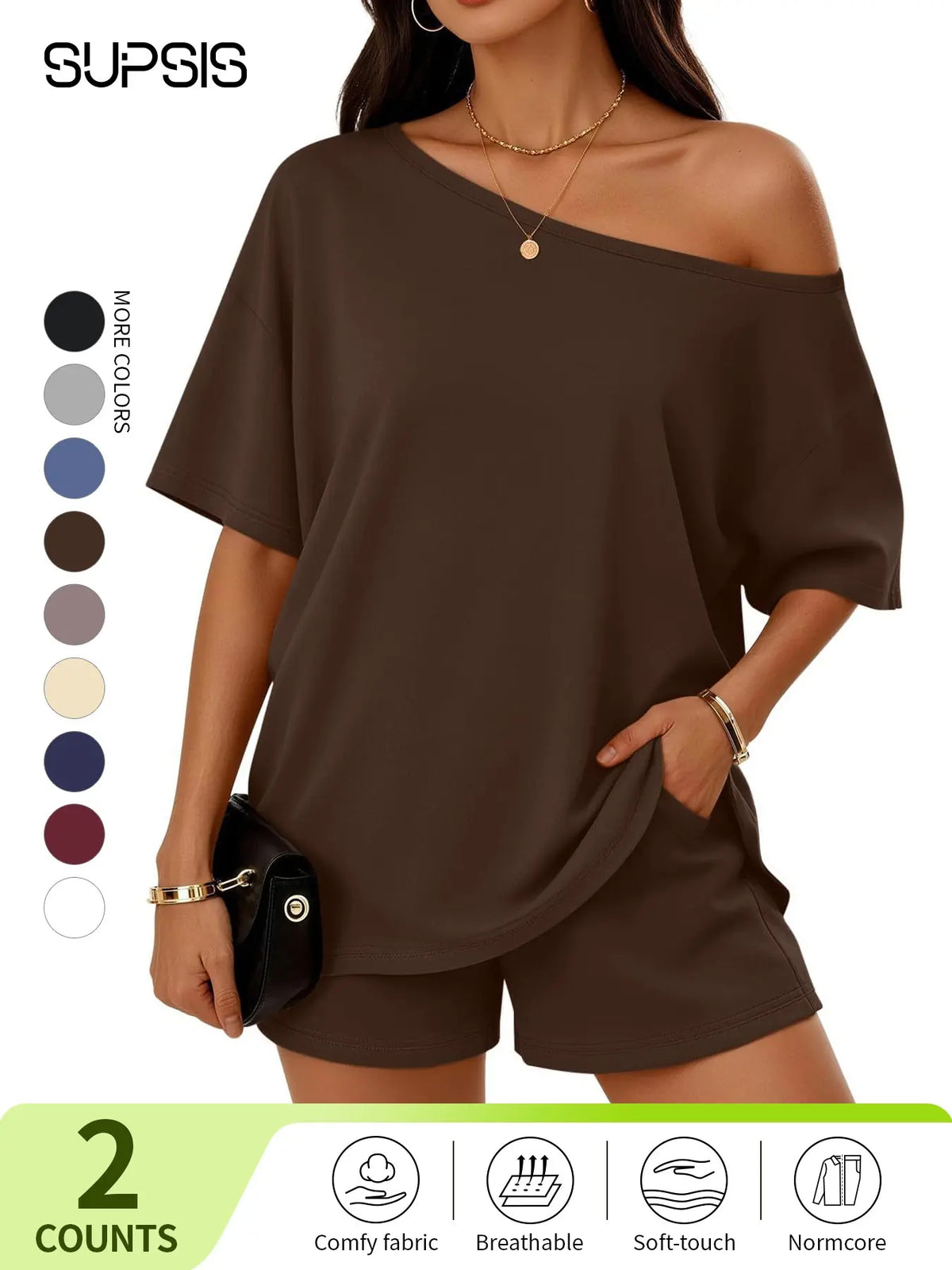Women's Casual Two-Piece Loungewear Set, Pajama Set, Off-Shoulder Top & Loose-Fitting Elastic Shorts, Summer Nightwear Set