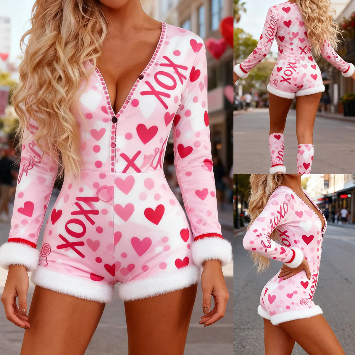 Women's Valentine's Heart Print Romper, Long-Sleeve Button-Front Bodysuit with Faux Fur Trim, Romantic Festive Loungewear for Holiday & Daily Wear Long Sleeve Fur Trim Shorts Sleepwear