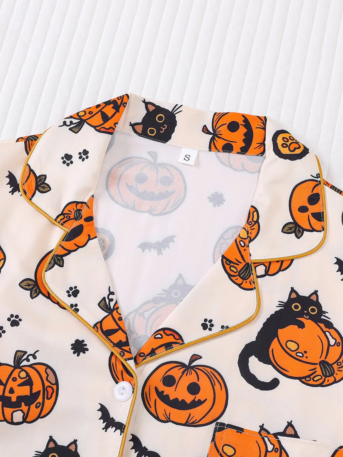 2 pieces of women's Halloween cute pumpkin cat bat printed long sleeved pants pajamas set with pockets suitable for all seasons, comfortable, trendy, energetic, elegant and casual home wear