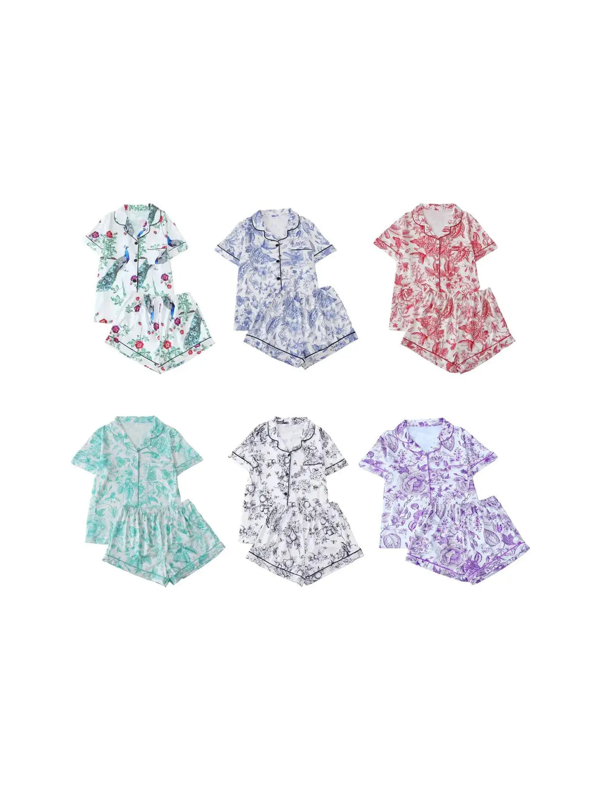 2 Counts Women's All Over Print Contrast Binding Lapel Shirt & Shorts Pyjama Set, Back To School Button Front Short Sleeve Top & Elastic Waist Shorts Pj Lounge Set For Fall, Casual Two-piece Sleepwear Loungewear Co-ord Set for Women