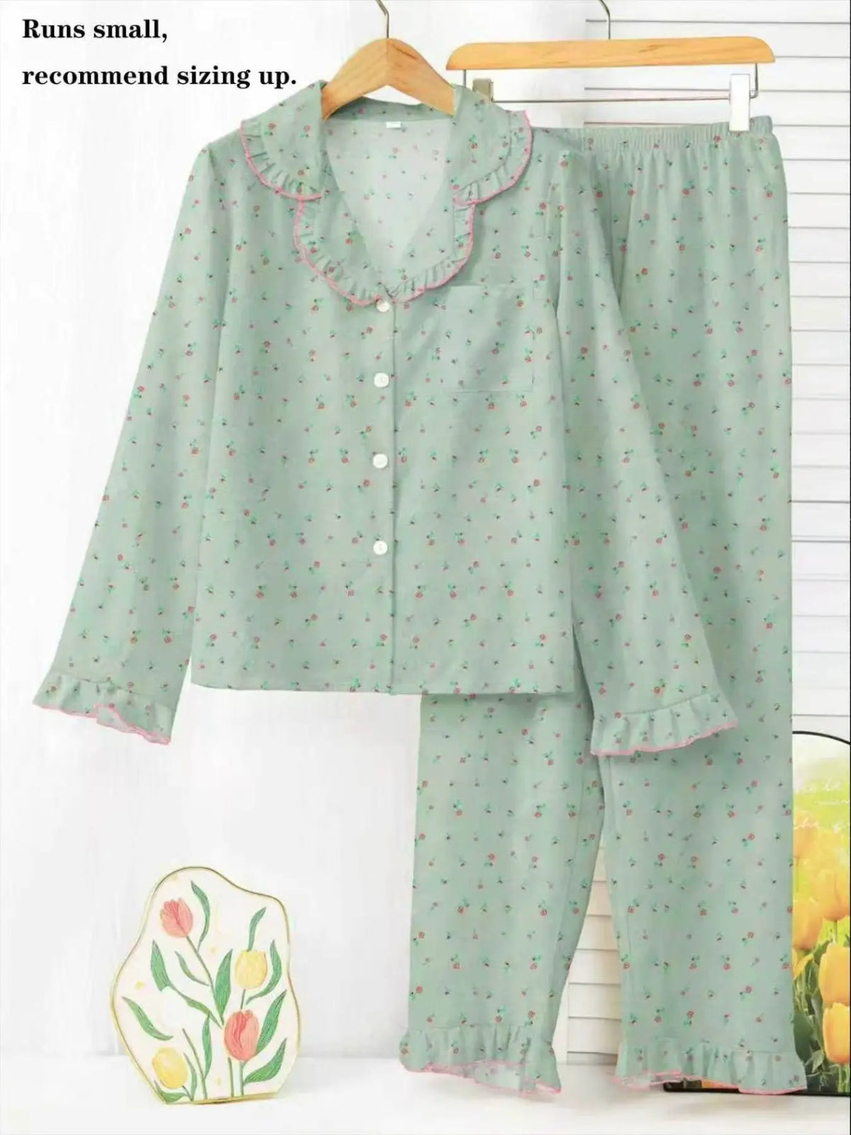 Women's Sleepwear Pajama Loungewear Set, Ditsy Floral Pattern Long Sleeve Ruffled Open Front Top & Matching Pants, Elegant Homewear, Casual, 2 Piece, Pyjamas