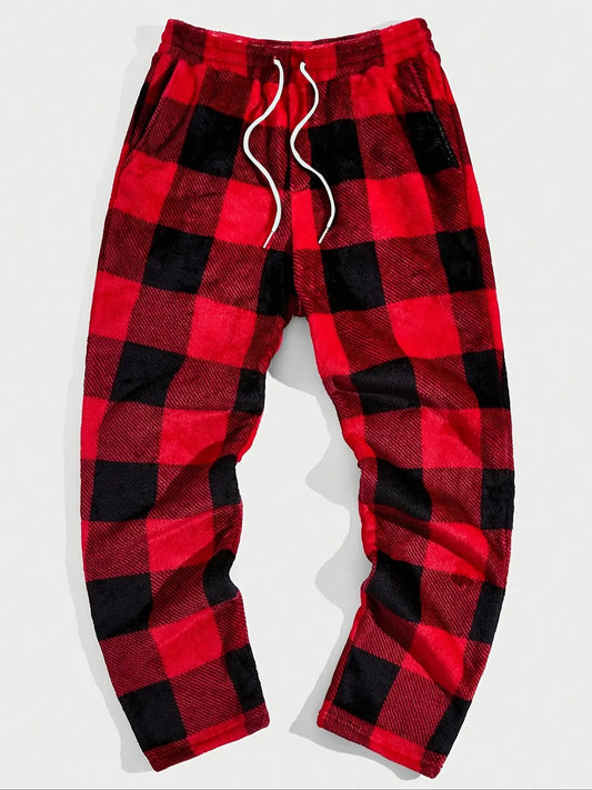 Unisex Plaid Fleece Print Drawstring Pants, Adjustable Fit, Casual Daily Wear, Winter Warm Sleepwear Pajama, Loungewear, Christmas Gift, Long Pants