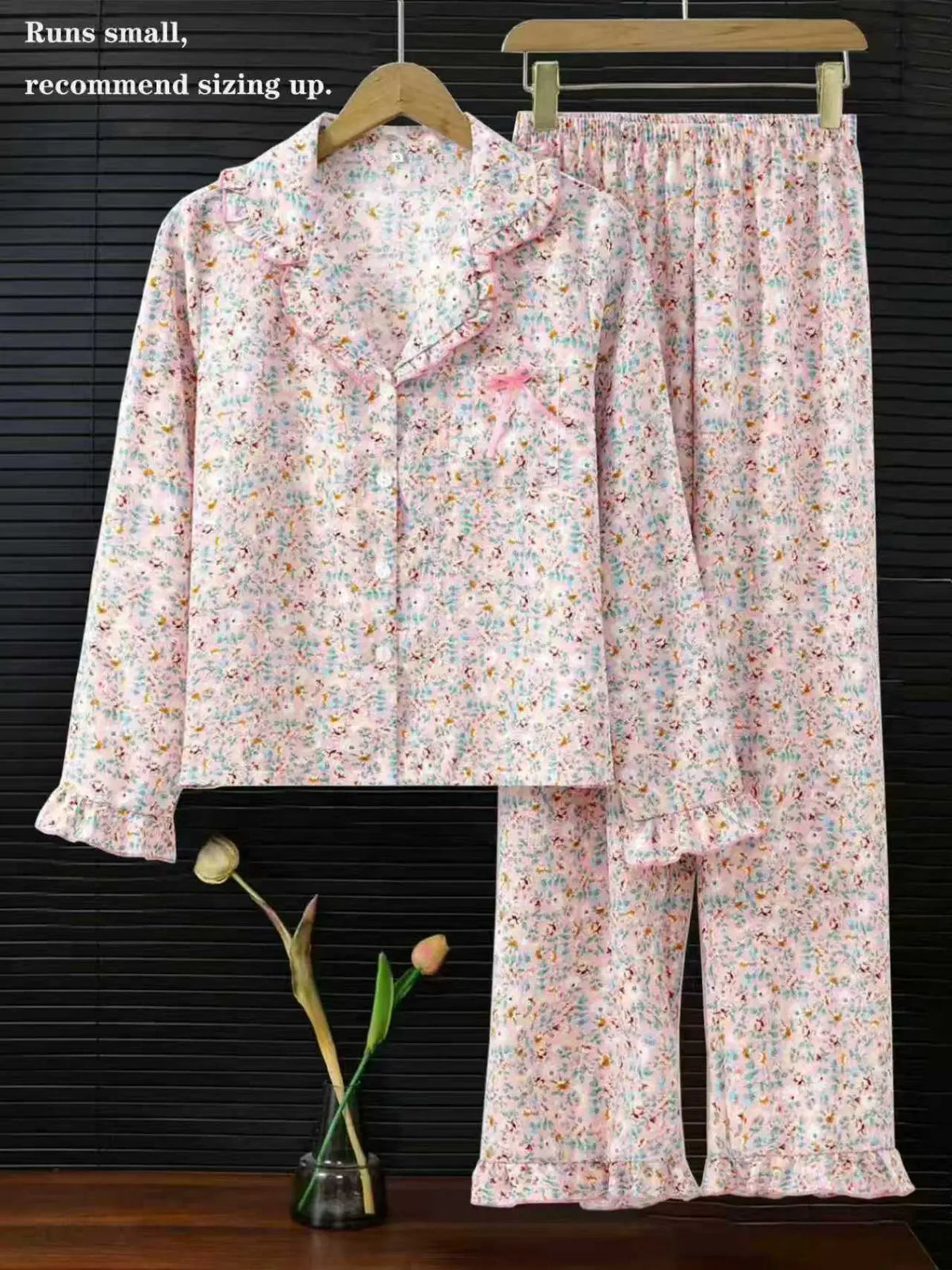 Women's Sleepwear Pajama Loungewear Set, Ditsy Floral Pattern Long Sleeve Ruffled Open Front Top & Matching Pants, Elegant Homewear, Casual, 2 Piece, Pyjamas