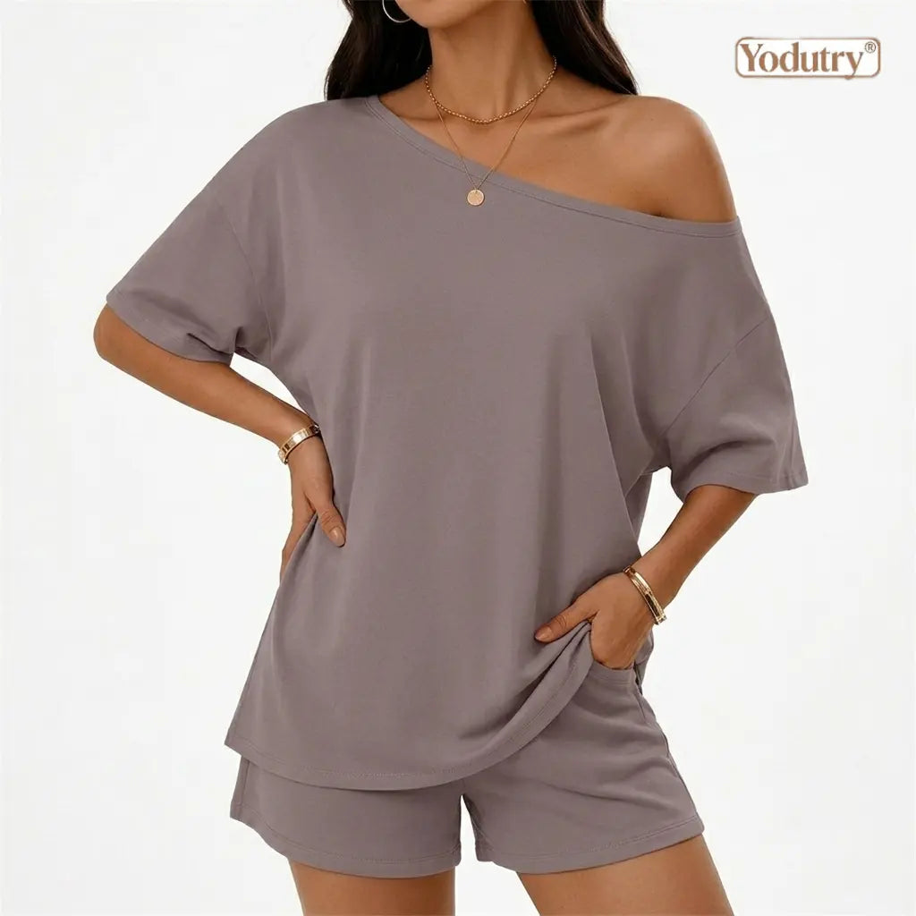 Yodutry Women's 2 Piece Set - Off-Shoulder Top & Slim-Fit Shorts, Lounge Set for Women for Spring-Summer Yoga & Pilates Casual Clothes