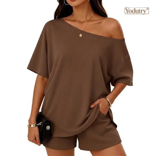 Yodutry Women's 2 Piece Set - Off-Shoulder Top & Slim-Fit Shorts, Lounge Set for Women for Spring-Summer Yoga & Pilates Casual Clothes