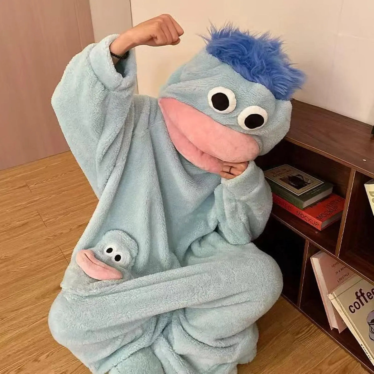 Hooded Plush Funny Monster Onesie, One-Piece Loungewear Pajamas, Unique Big Mouth Design, Warm Oversized Casual Home Lounge Sleepwear
