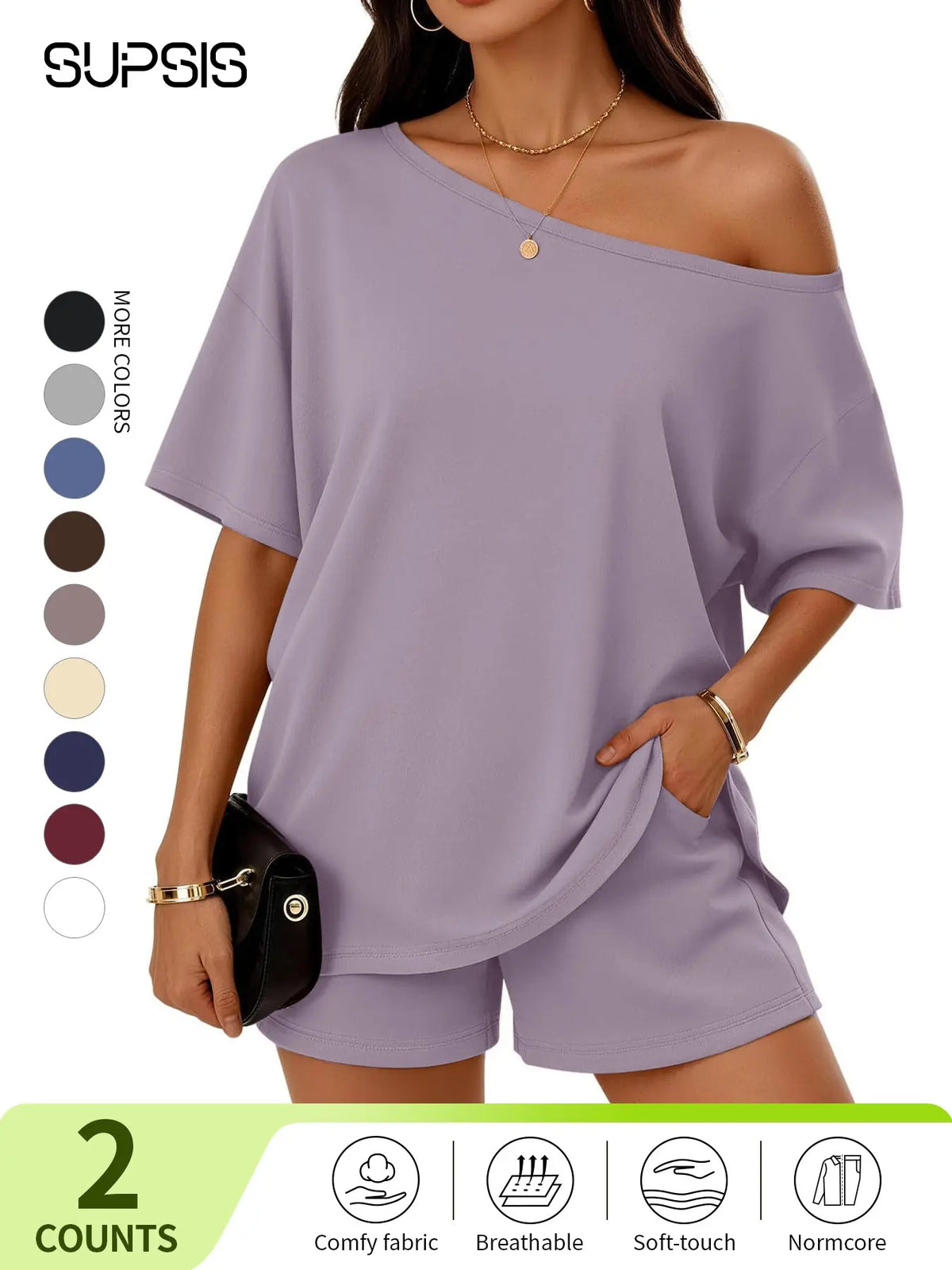 Women's Casual Two-Piece Loungewear Set, Pajama Set, Off-Shoulder Top & Loose-Fitting Elastic Shorts, Summer Nightwear Set