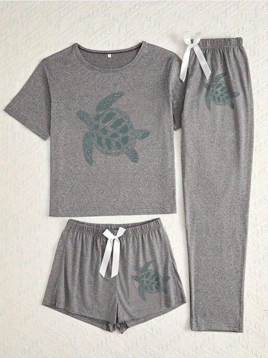 Turtle Three-Piece Home Wear Loungewear Set, Casual Loose-Fitting Cartoon Pattern, All Seasons Comfortable Sleepwear Pajama, Ideal for Daily Use