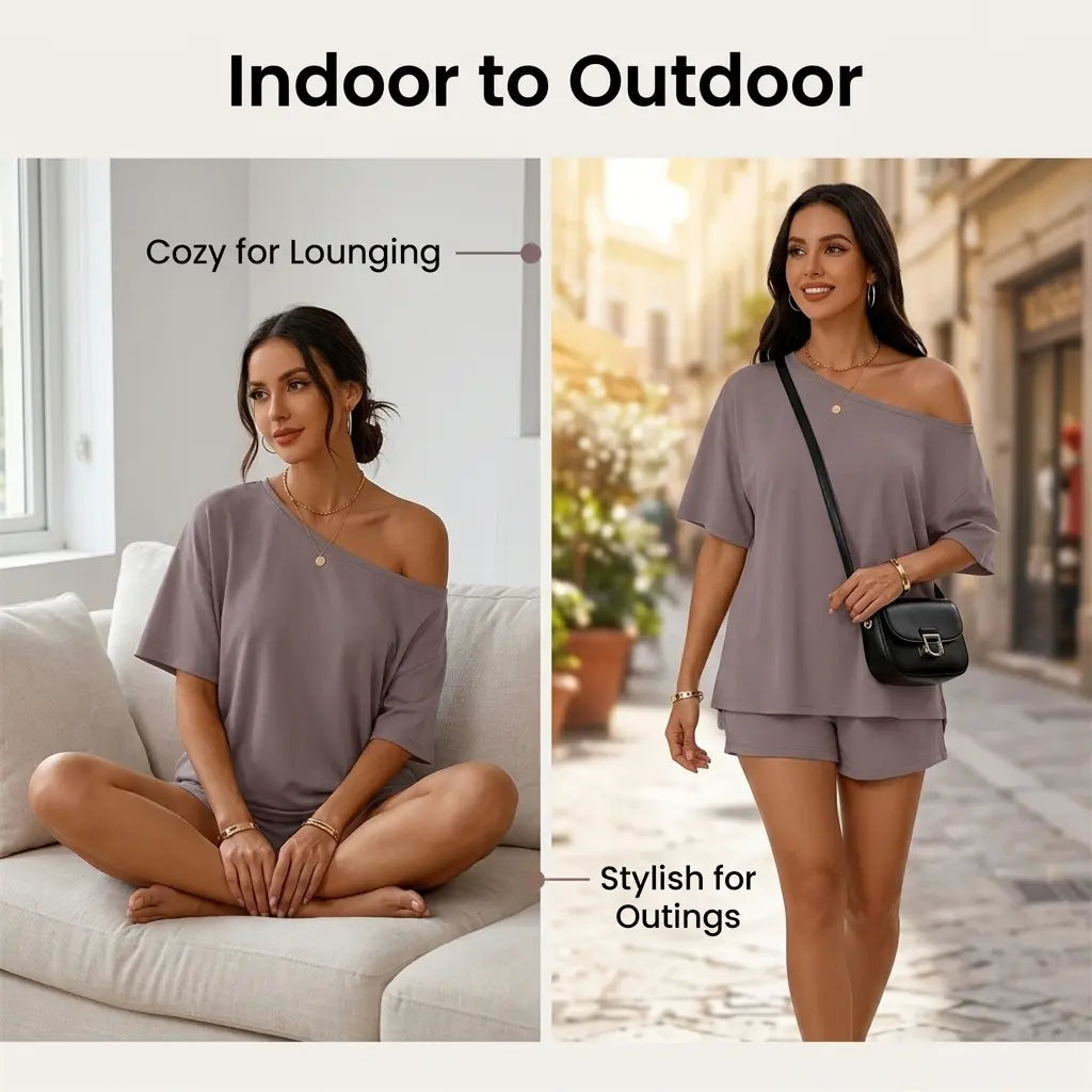 Yodutry Women's 2 Piece Set - Off-Shoulder Top & Slim-Fit Shorts, Lounge Set for Women for Spring-Summer Yoga & Pilates Casual Clothes