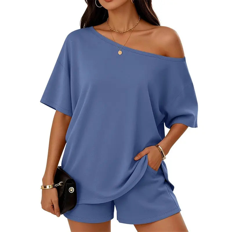 Yodutry Women's 2 Piece Set - Off-Shoulder Top & Slim-Fit Shorts, Lounge Set for Women for Spring-Summer Yoga & Pilates Casual Clothes