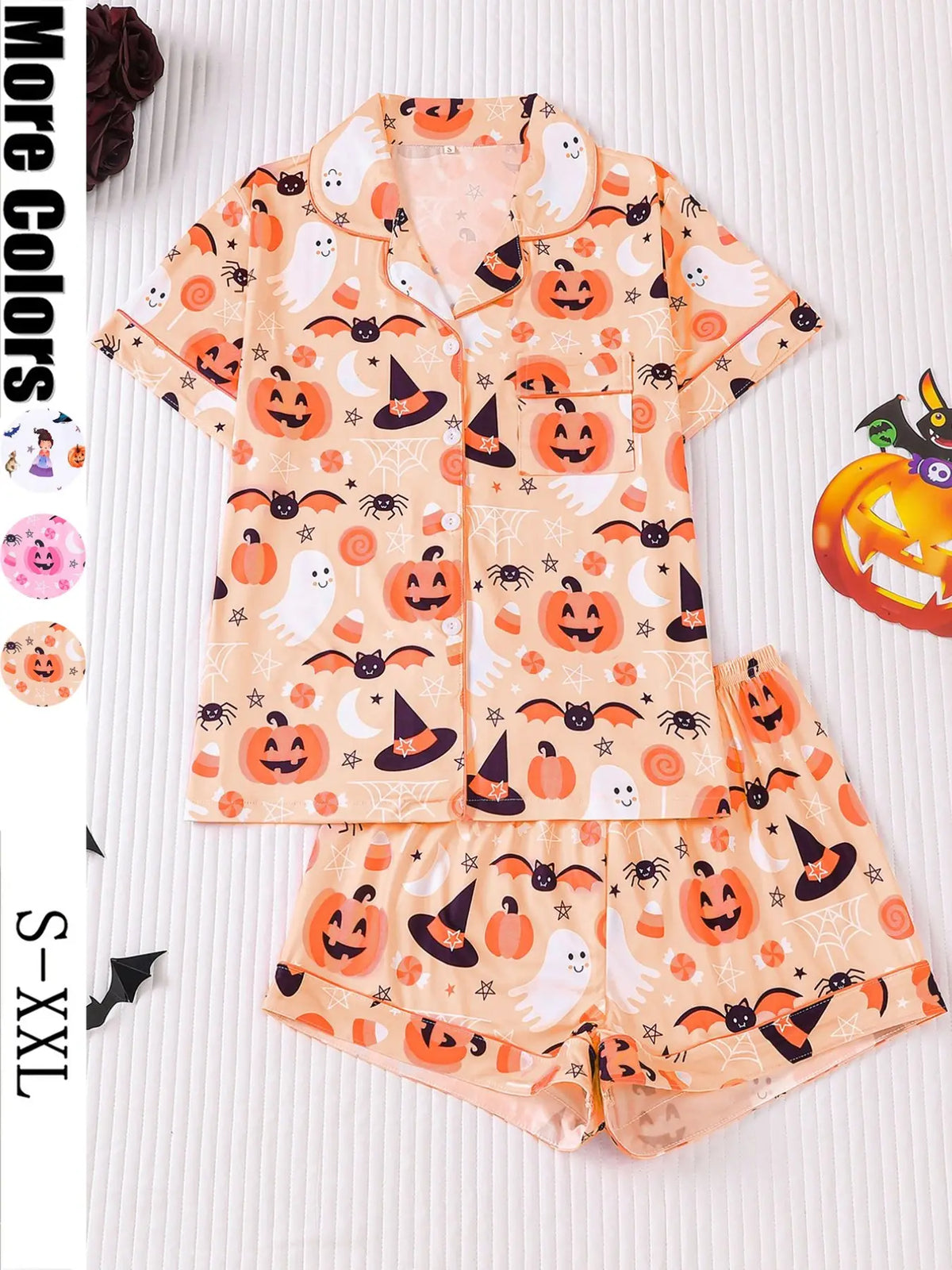 Halloween Cartoon Ghost Pumpkin Pajama Set for Women, Short Sleeve Button Front Top and Elastic Shorts, Comfortable Everyday Home Wear Loungewear
