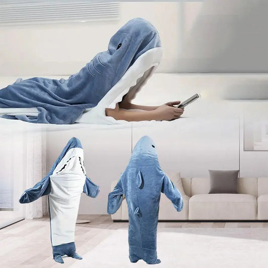 Cartoon Shark Sleep Bag Animal Onesie Flannel Shark Home Wear Loungewear Blue, Comfortable Fit Loose Oversized All-In-One Pajamas for Kids & Adults, Nightwear, Homewear, Sleeping Bag