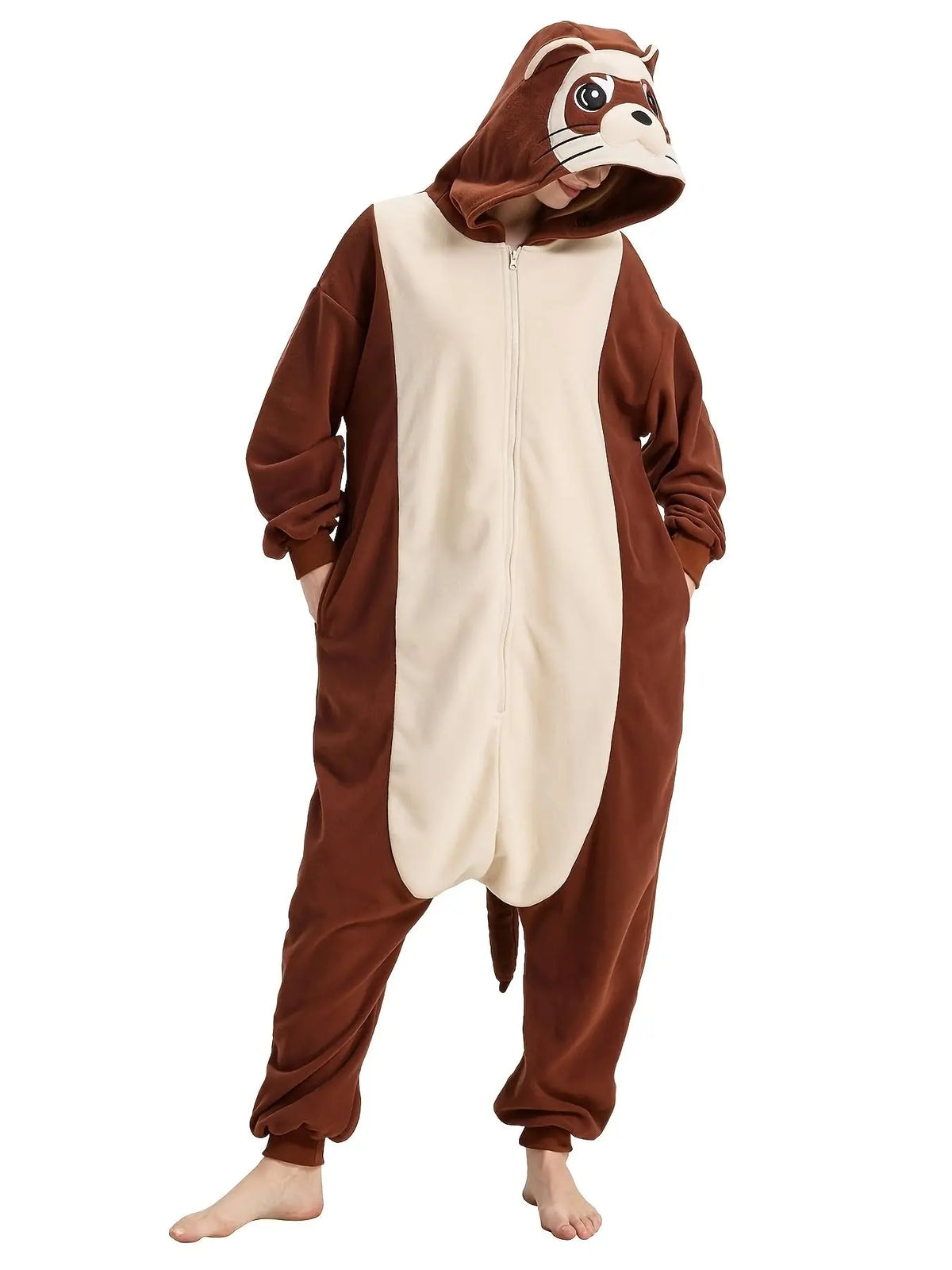 Women's Plus Size Ferret Animal Onesie - Cozy Plain Polyester Long-Sleeve 1-Piece Cosplay Sleeping Jumpsuit, Machine Washable All-Season Sleepwear, 2XL Loose-Fitting Statement Loungewear
