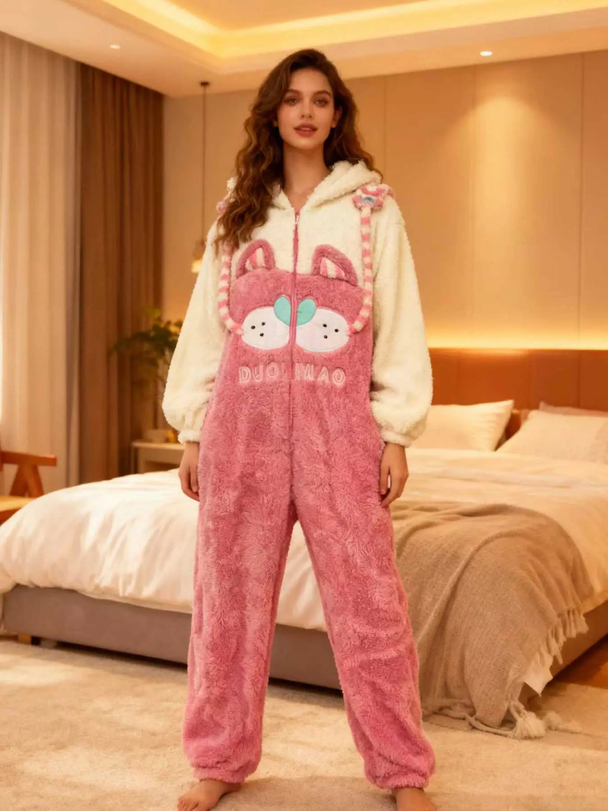Women's Cartoon Cute Bunny Hooded Dress, Unicorn Design Winter Role Play Onesie, Christmas Party Casual Wear and Pajamas