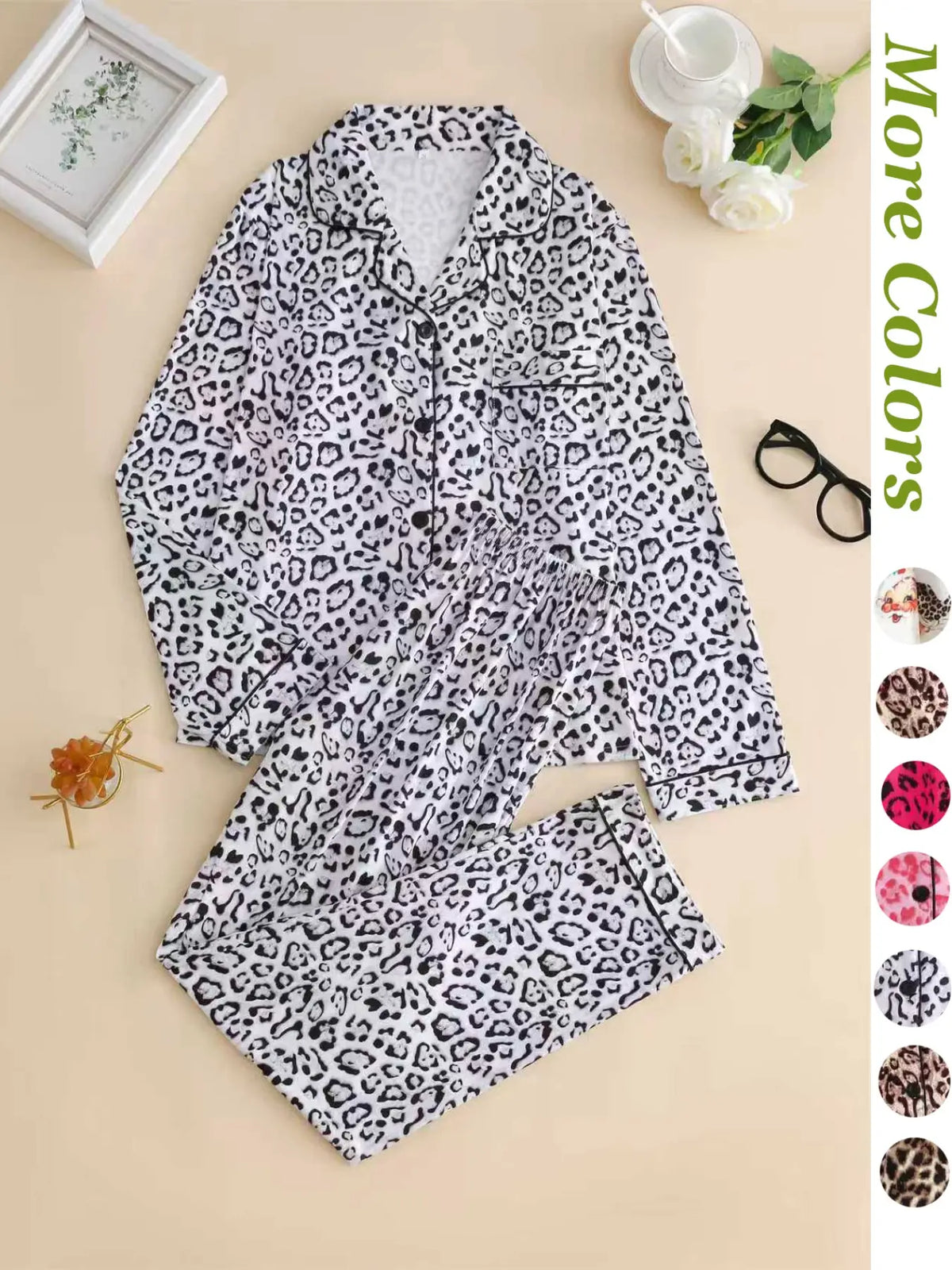 Women's Leopard Print Button Front Pocket Lapel Shirt & Elastic Waist Pants Pyjama Two-piece Set, Pajama Set, Women's Sleepwear for Spring & Fall