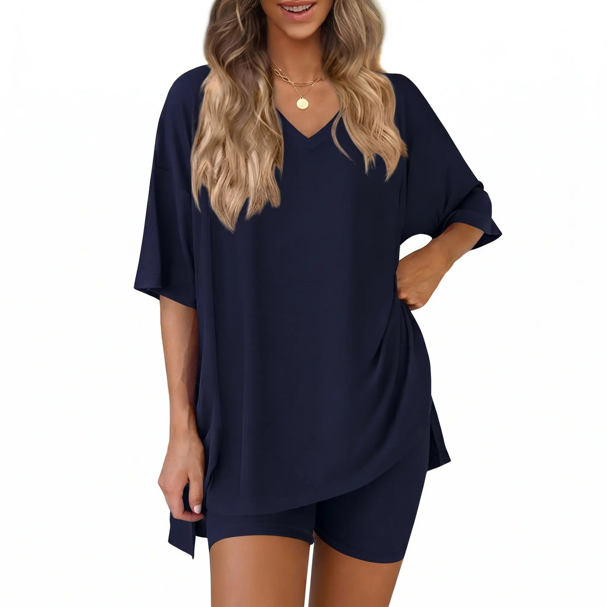 Women's 2-Piece Casual Loungewear Set: Summer Loose-fitting V-neck Short-sleeved Slit Top and High-waisted Shorts Sports Set