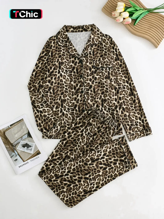 Women's Leopard Print Button Front Pocket Lapel Shirt & Elastic Waist Pants Pyjama Two-piece Set, Pajama Set, Women's Sleepwear for Spring & Fall