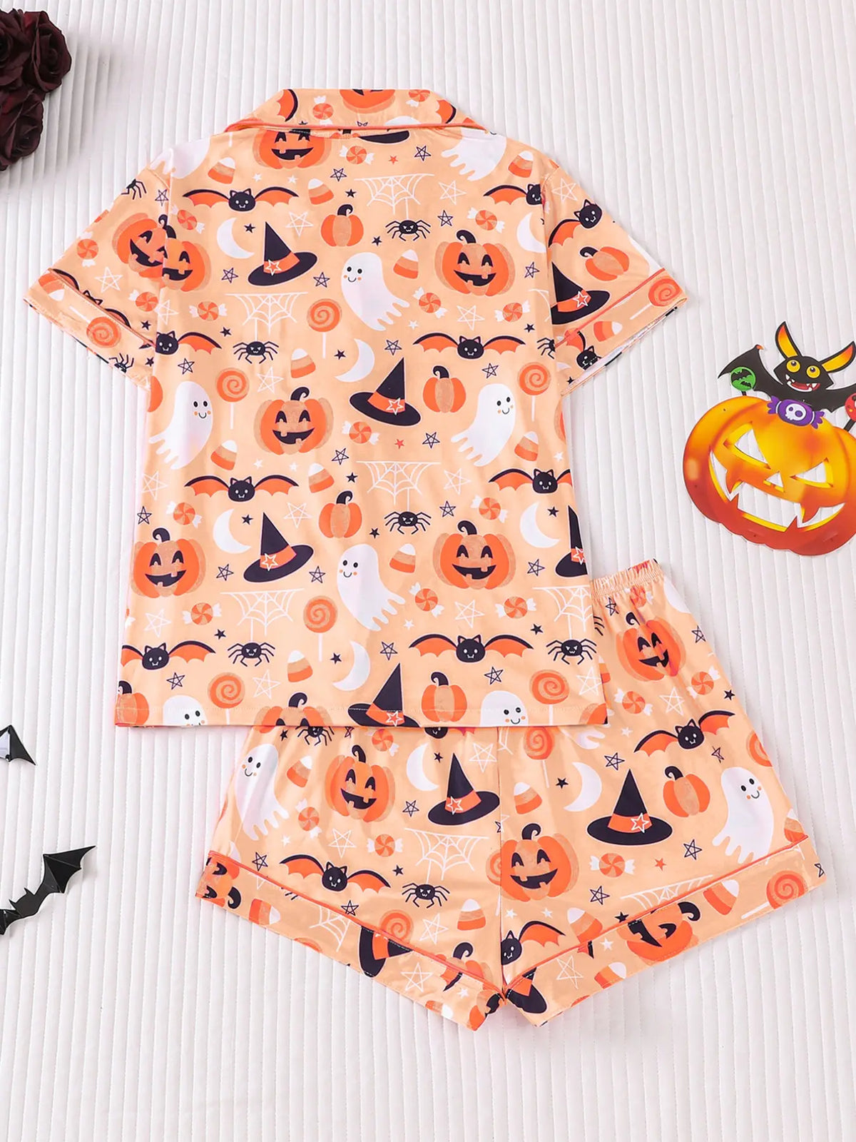 Halloween Cartoon Ghost Pumpkin Pajama Set for Women, Short Sleeve Button Front Top and Elastic Shorts, Comfortable Everyday Home Wear Loungewear